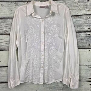 Chicos White Embroidered Button Up Shirt Size 2